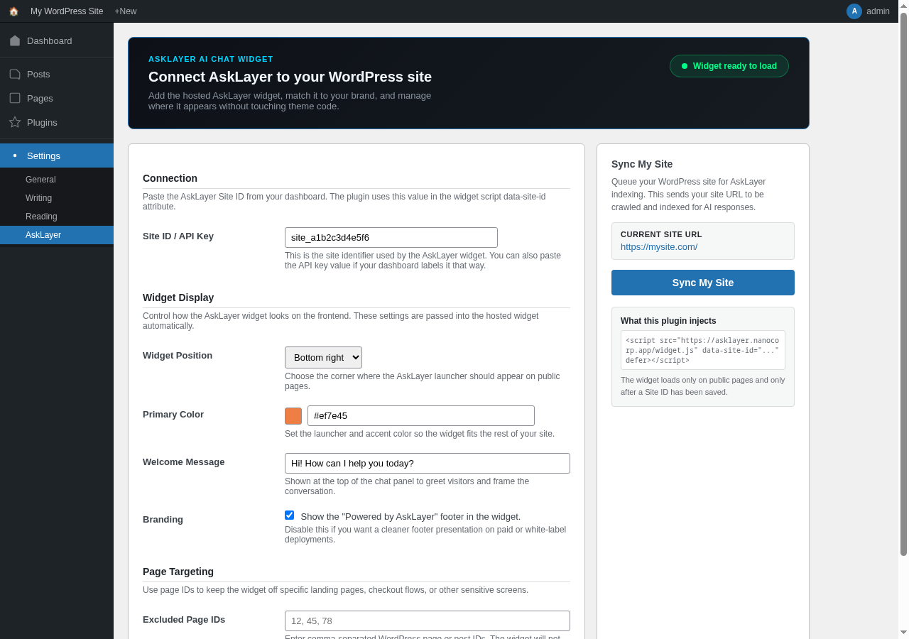 AskLayer settings page inside WordPress admin — showing the Site ID field, widget position, primary color picker, welcome message, and branding options